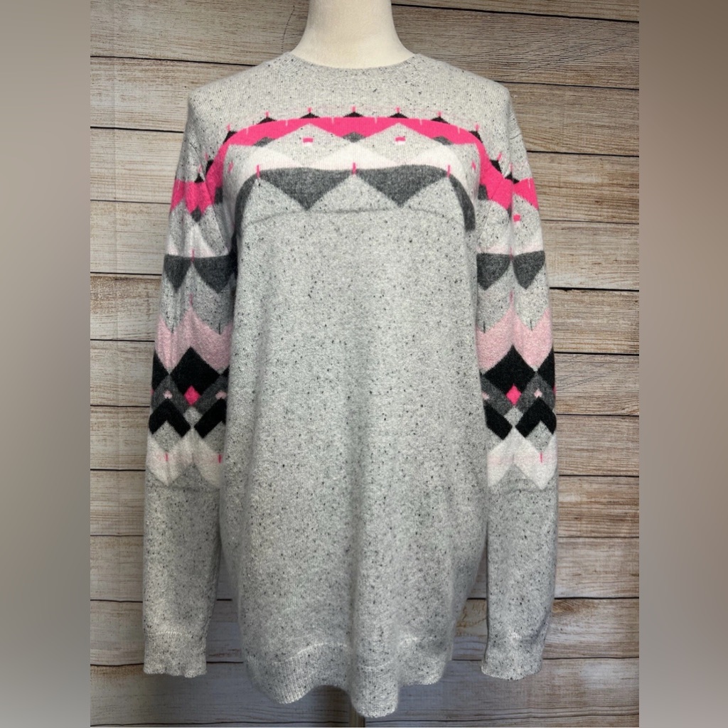 Brodie 100% Cashmere Oversized Crew Neck Sweater Sz S Gray Pink Geometric Flecks